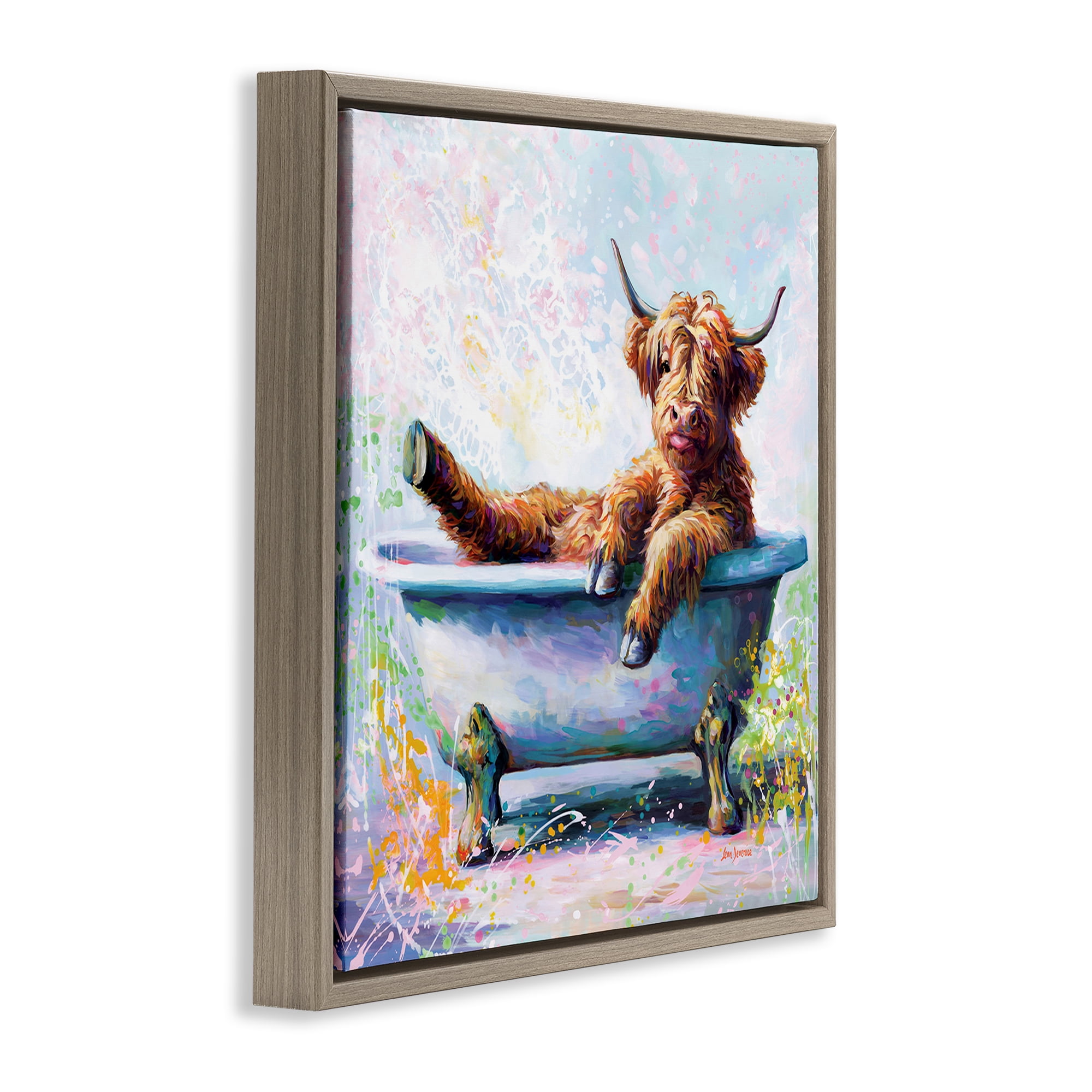 Stupell Industries Splashing Baby Cow Typography Painting Brown Floater Framed Canvas Art Print Wall Art, 18 x 18