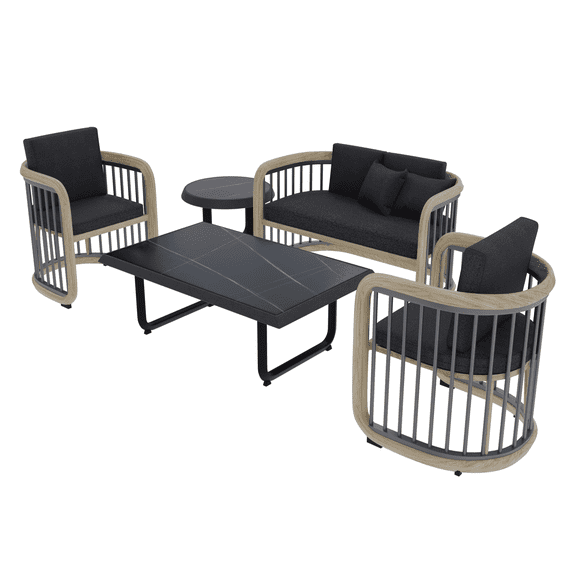 LeisureMod Klyra 5-Piece Aluminum Conversation Set with 2 accent chair, sofa, coffee table, side table in Grey