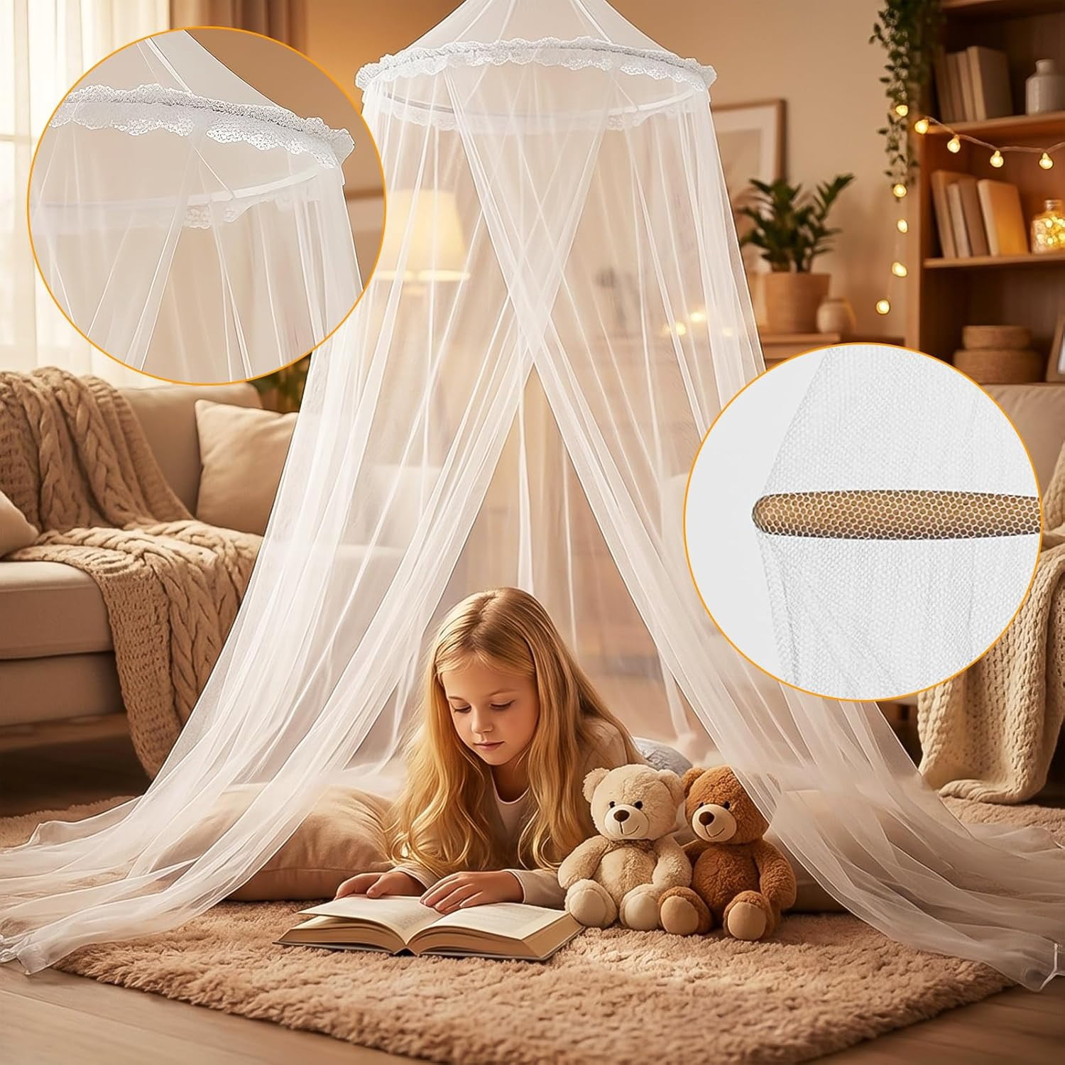 Mosquito Net for Bed Canopy for Girls, Twin to Queen Size Bed Canopy Curtains from Ceiling, Dome Mosquito Netting Bed Tent for Bedroom Decorative, Travel with Storage Bag (Lace Flower)