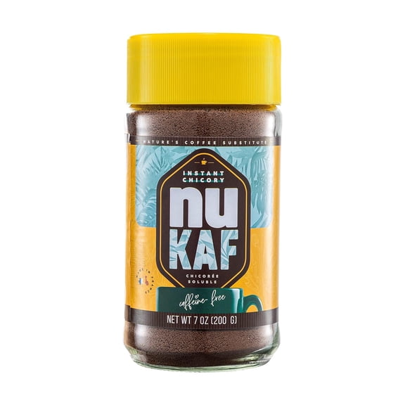nuKAF By Gourmanity Instant Chicory Coffee Alternative, Brews Like Regular Coffee, All Natural 100% Chicory Root Powder, Great for Your Daily Drink, Rich in Prebiotics, Kosher, 7oz jar