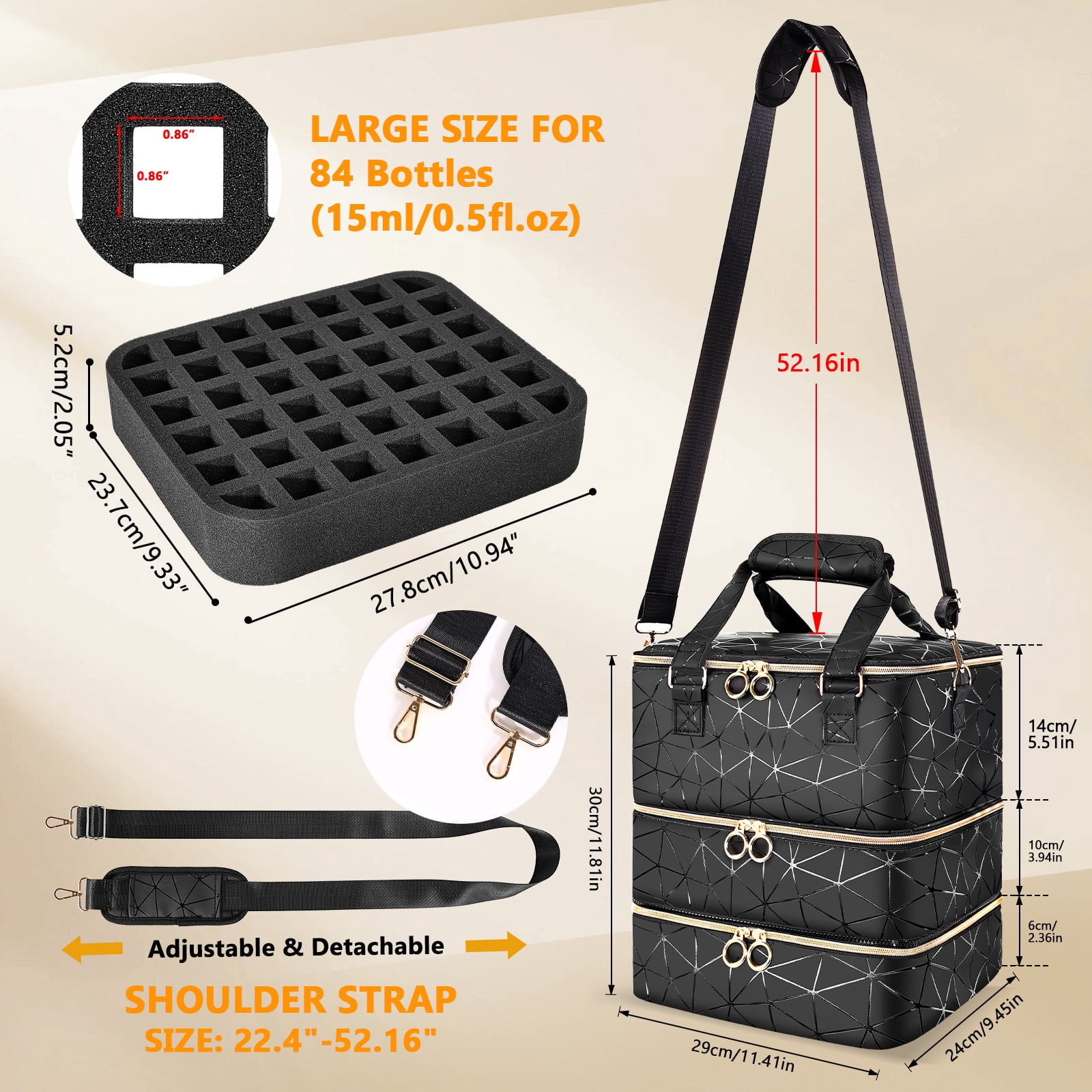 YAYUFN Nail Bag Organizer Case Holds 84 Bottles(15ml/0.5fl.oz) ,3 Layers PU Leather Nail Supplies Storage Organizer Bag,Large Shoulder Strap Nail Polish Holder Travel Carrying Case,Black
