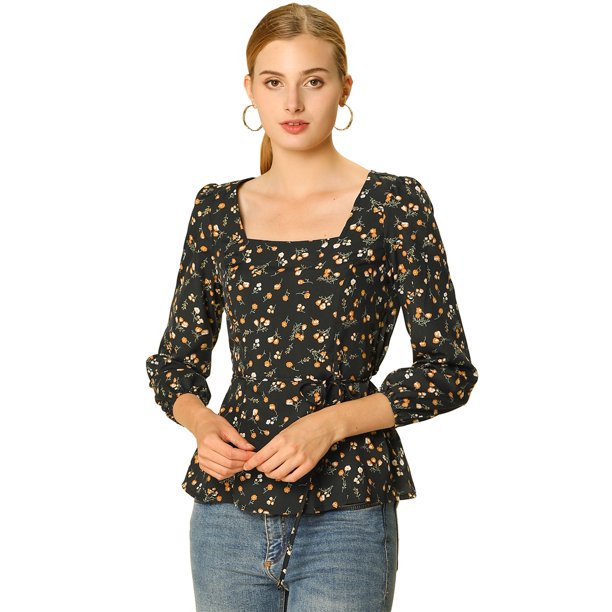 Blusa de Cintura con Cinturón Y Estampado floral Allegra K vintage Negro S