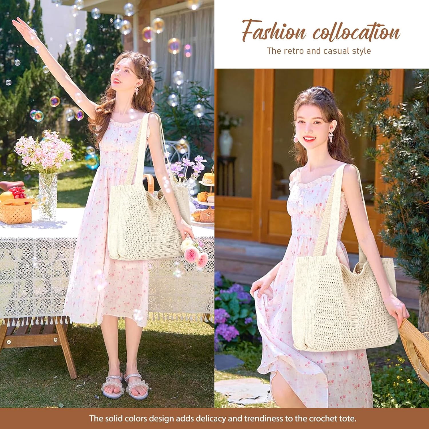 CAILDANL Crochet Bags for Women - Large Tote Aesthetic Handbag Shoulder Hippie Knit Bag