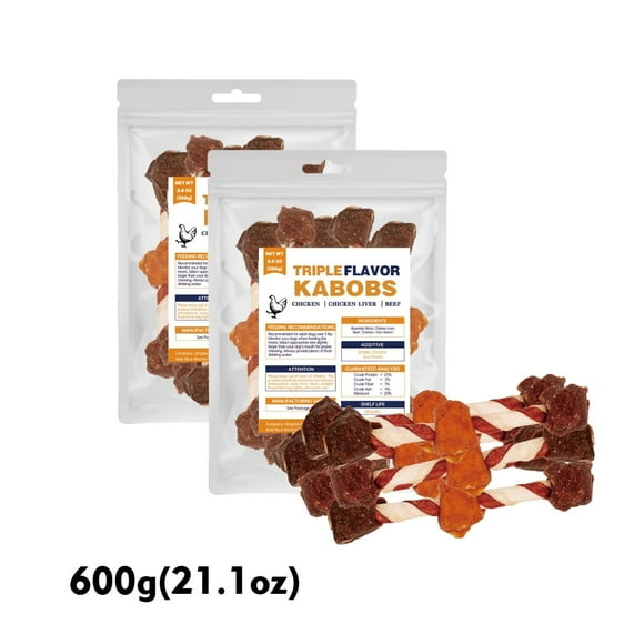 Triple Flavored Rawhide Kabobs Dog Treats, Made with Real Beef, Chicken and Chicken Liver, Healthy, Easily Digestible, Long Lasting, and High Protein, Delicious Dog Chews