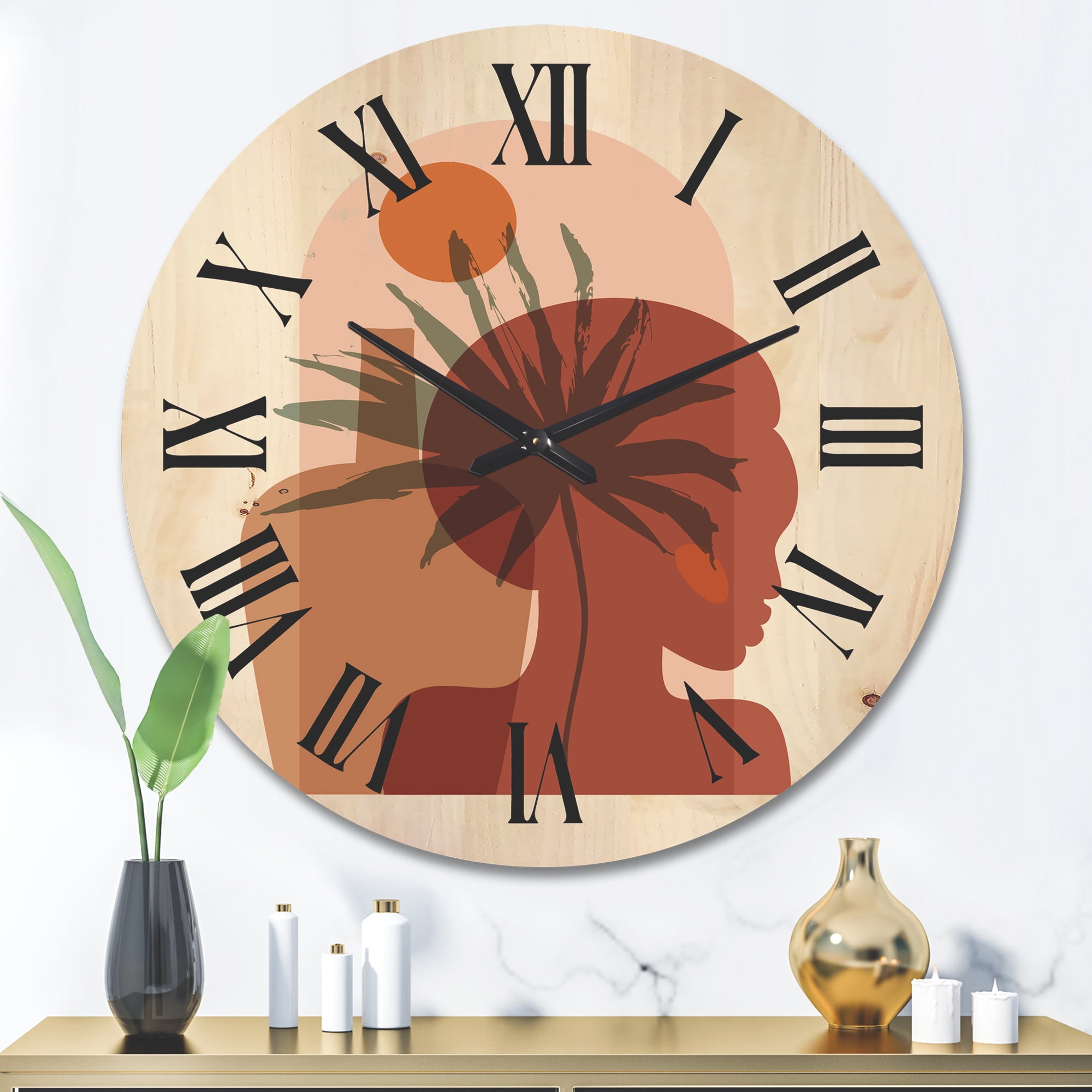Designart 'Abstract Pretty Girl Portrait and Tropical Palm Leaf' Modern Wood Wall Clock