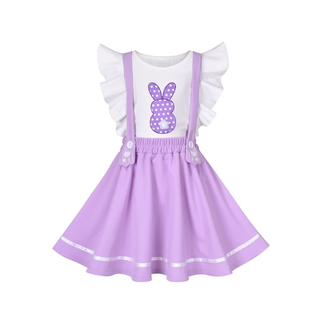 Girls Strap Skirt Set Purple White Dot Bunny Applique Ruffle Sleeve 4-5 Years