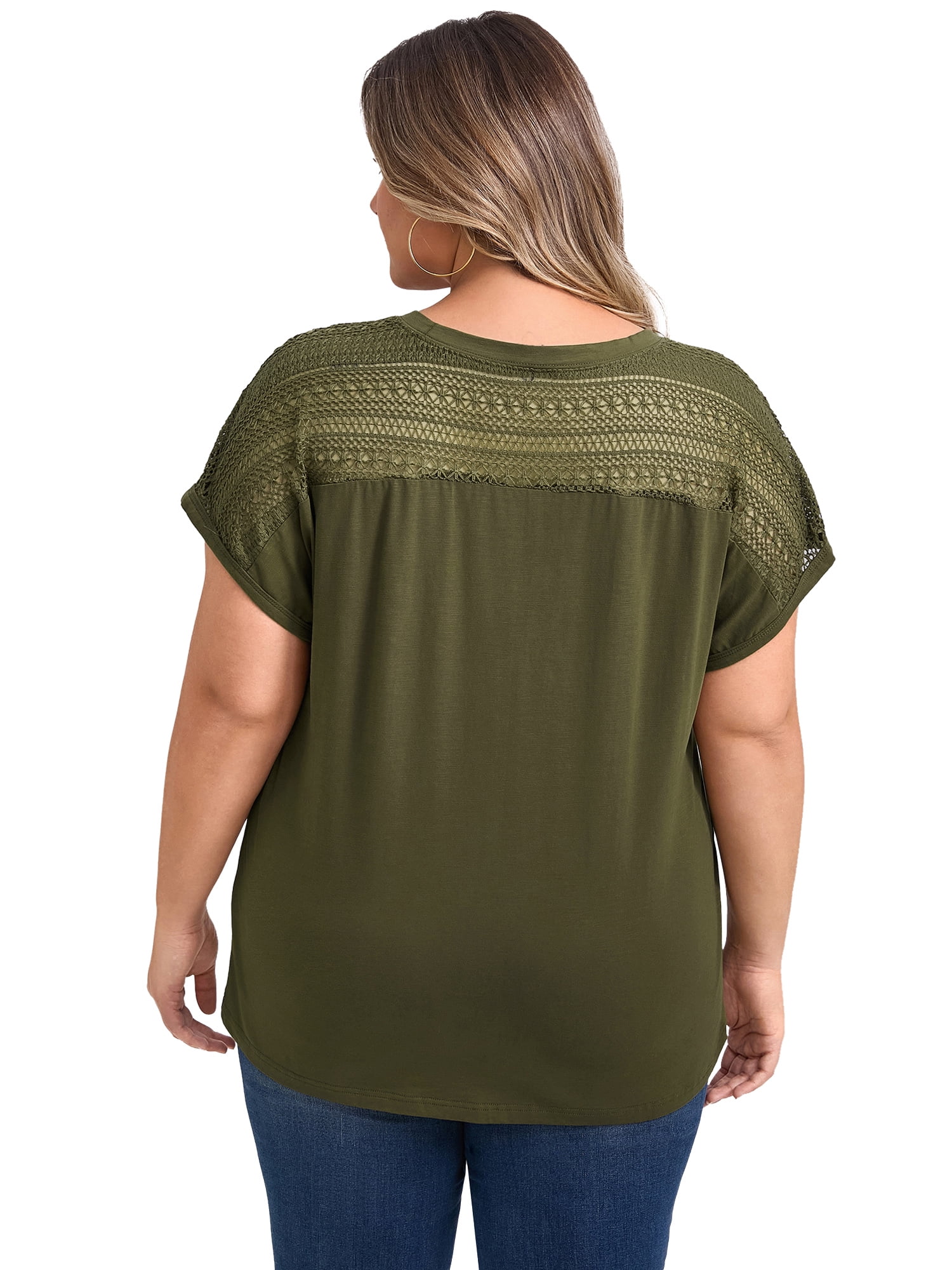 DARING DIVA Women's Plus Short Sleeve Lace Trim Blouse 4X Army Green