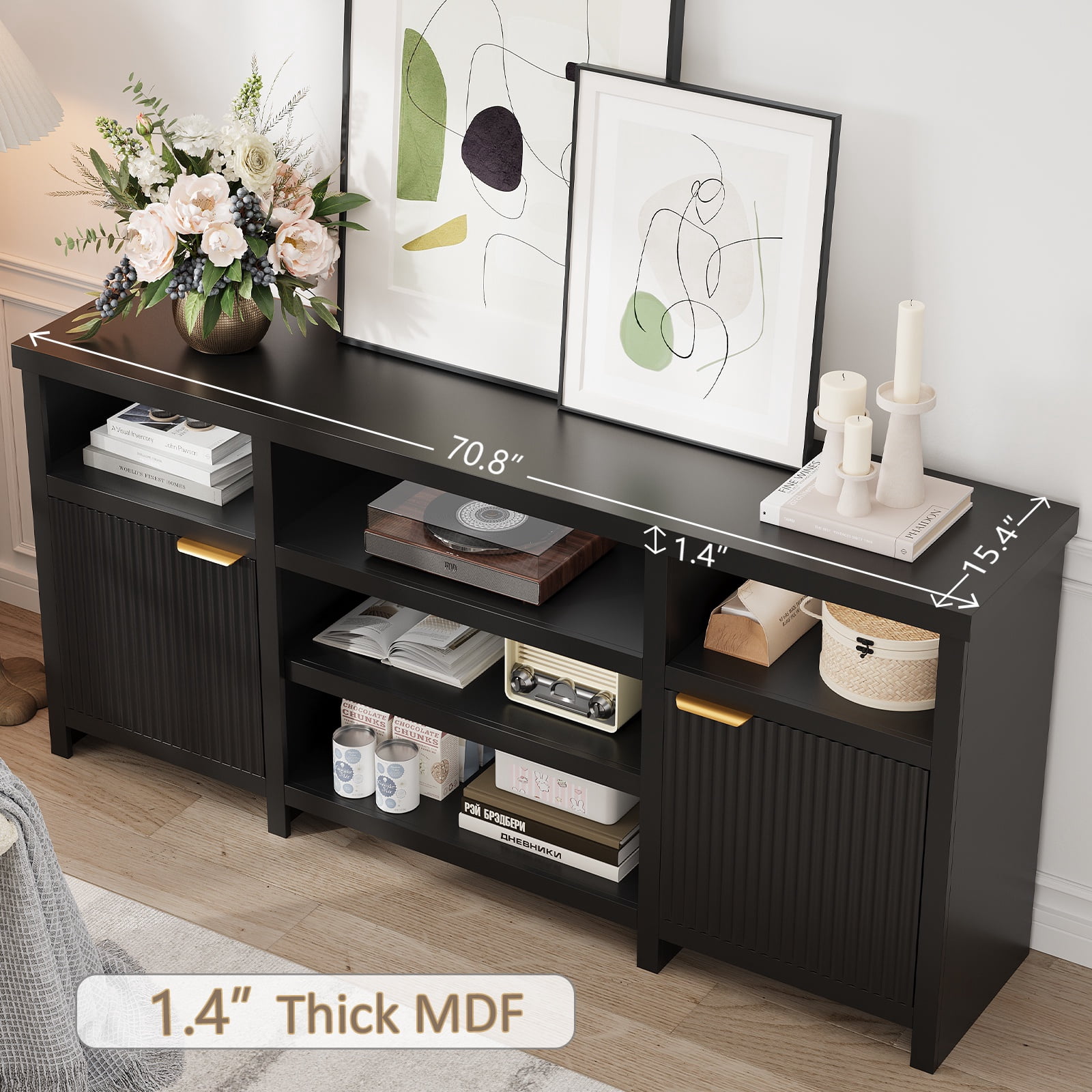 Farmhouse LED TV Stand for 80-inch TVs, Wooden Highboy TV Cabinet Media Console Entertainment Center with Storage for Living Room, Black