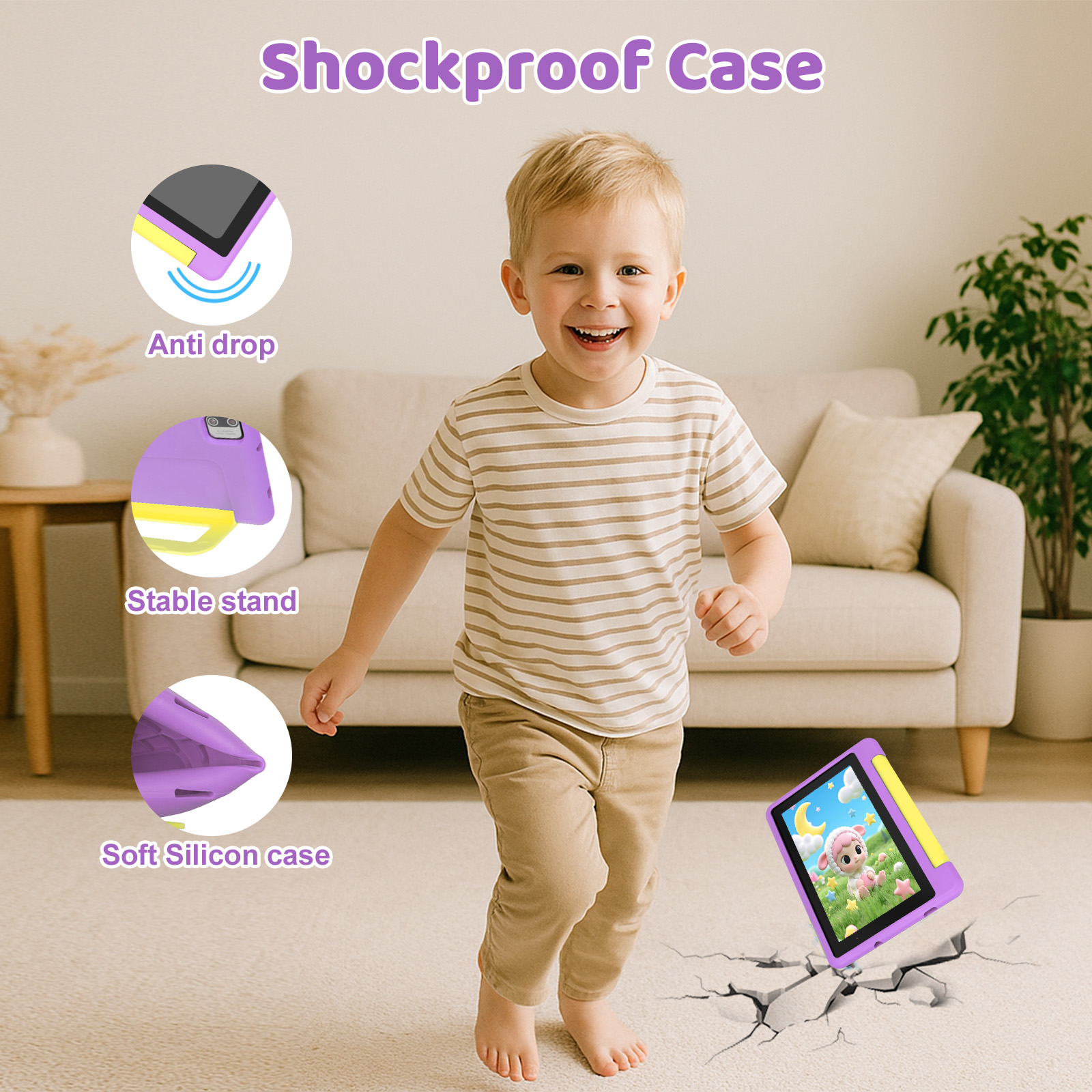 AEEZO 7 Inch Kids Tablet Bundle, 8GB RAM 64GB, Learning Tablet for Kids Ages 3-10 with Headphones Stylus Bag, Purple