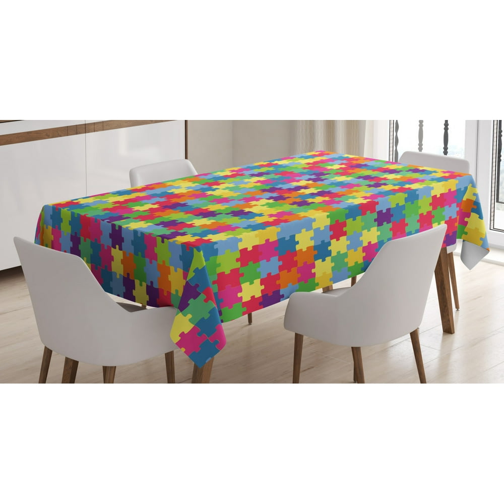Colorful Tablecloth, Geometric Design Patchwork of Puzzle Pieces