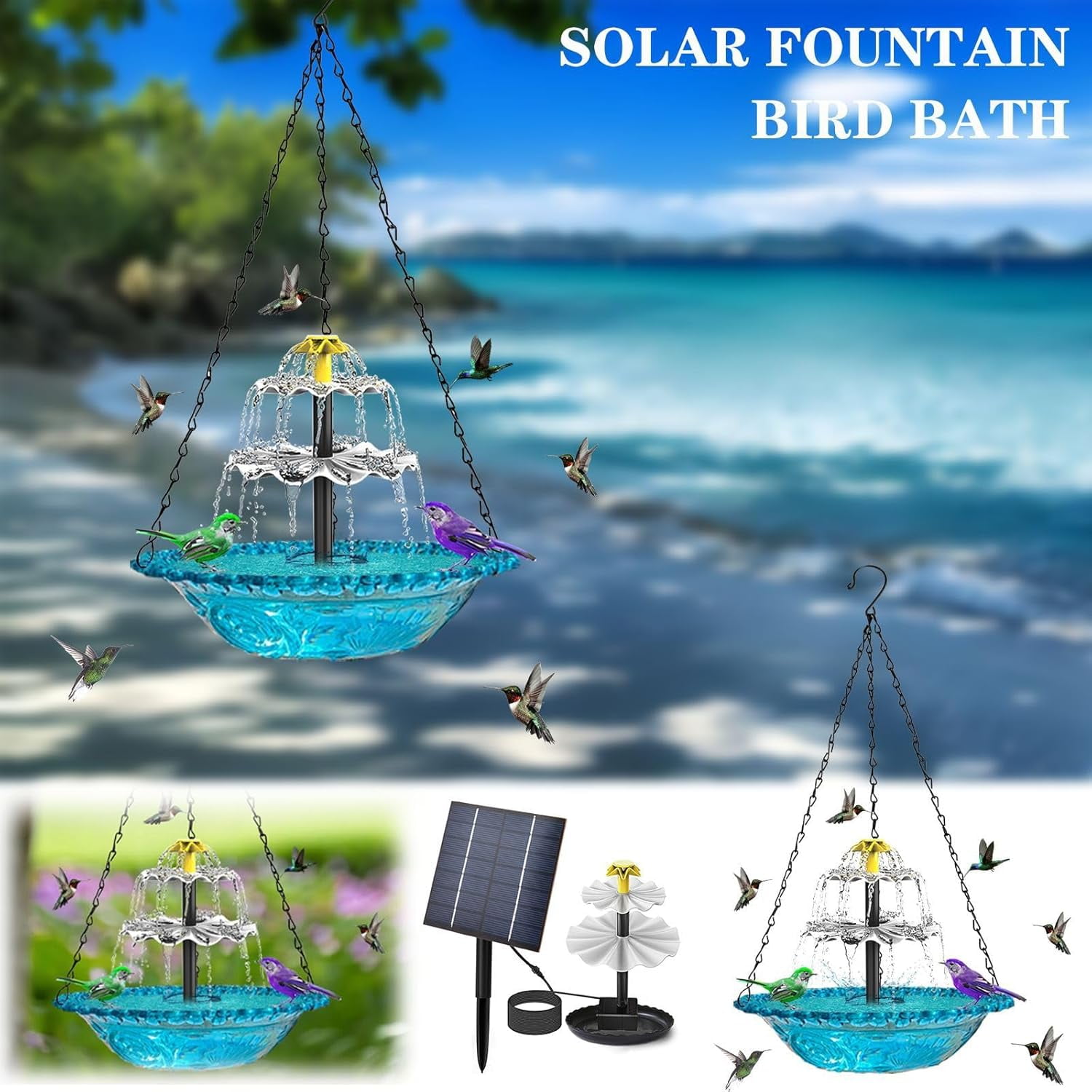 Hanging Solar Bird Bath Fountain – 9.84 Inch 3-Tier Outdoor Water Fountain with Solar Pump for Garden, Patio, Lawn – Attracts Birds and Wildlife