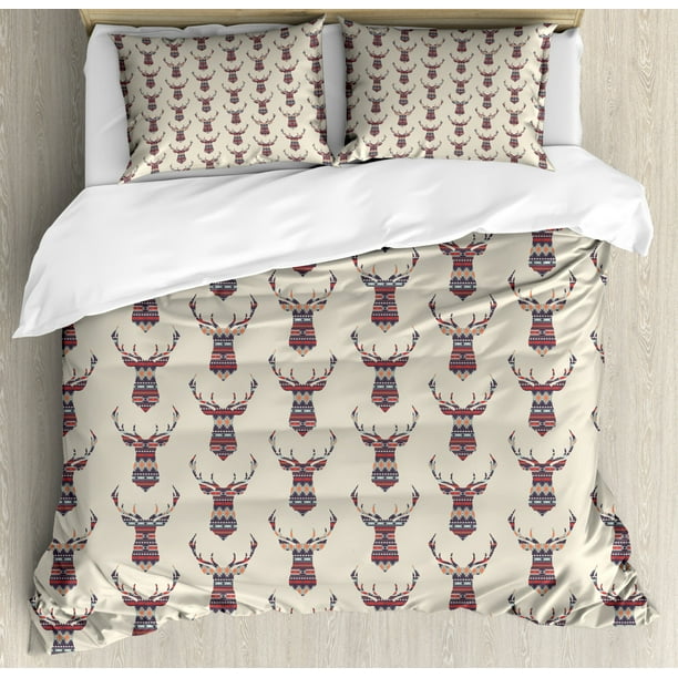 Deer Duvet Cover Set King Size, Ornamental Geometric Ethnic Inspired