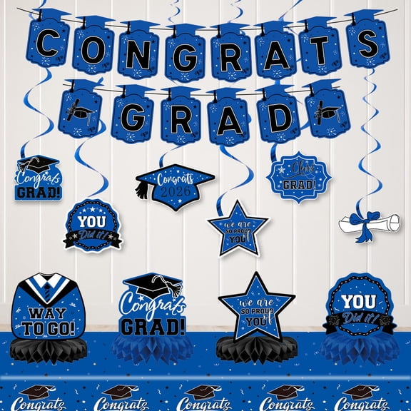 2026 Blue Graduation Decorations Set – Congrats Grad Banner with Backdrop, Balloons, Table Decor – Complete 46-Piece Party Supplies for High School College Graduation