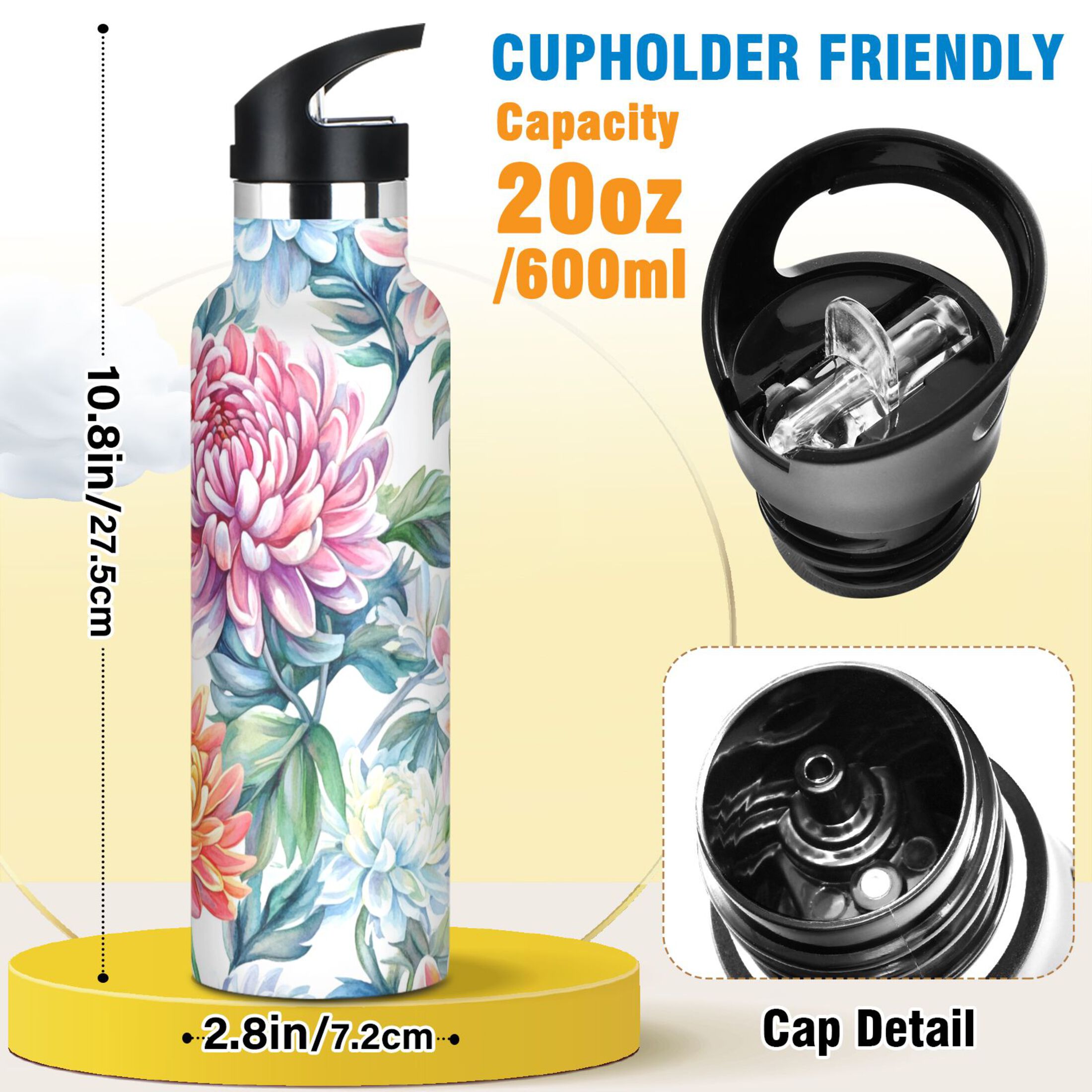 600ML Stainless Steel Insulated Cup Sports Water Bottle Portable Thermos Cup Water Glasses Insulated Tumblers Convenient and Durable Pink Chrysanthemums