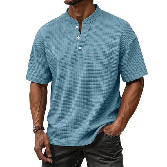 Dresfit Henley Shirts Men Button Down Waffle Golf T Shirts Short Sleeve Big and Tall Cotton Tennis Tops Lightweight Relaxed Fit Shirt Light Blue M
