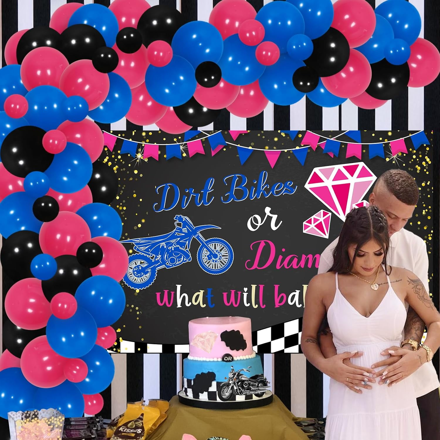 Dirt Bikes or Diamonds Boy or Girl Gender Reveal Decor with What Will Baby Be Backdrop Banner Dirt Bikes or Diamonds Pink Blue Gender Reveal Balloon Arch Kit for He or She Baby Shower