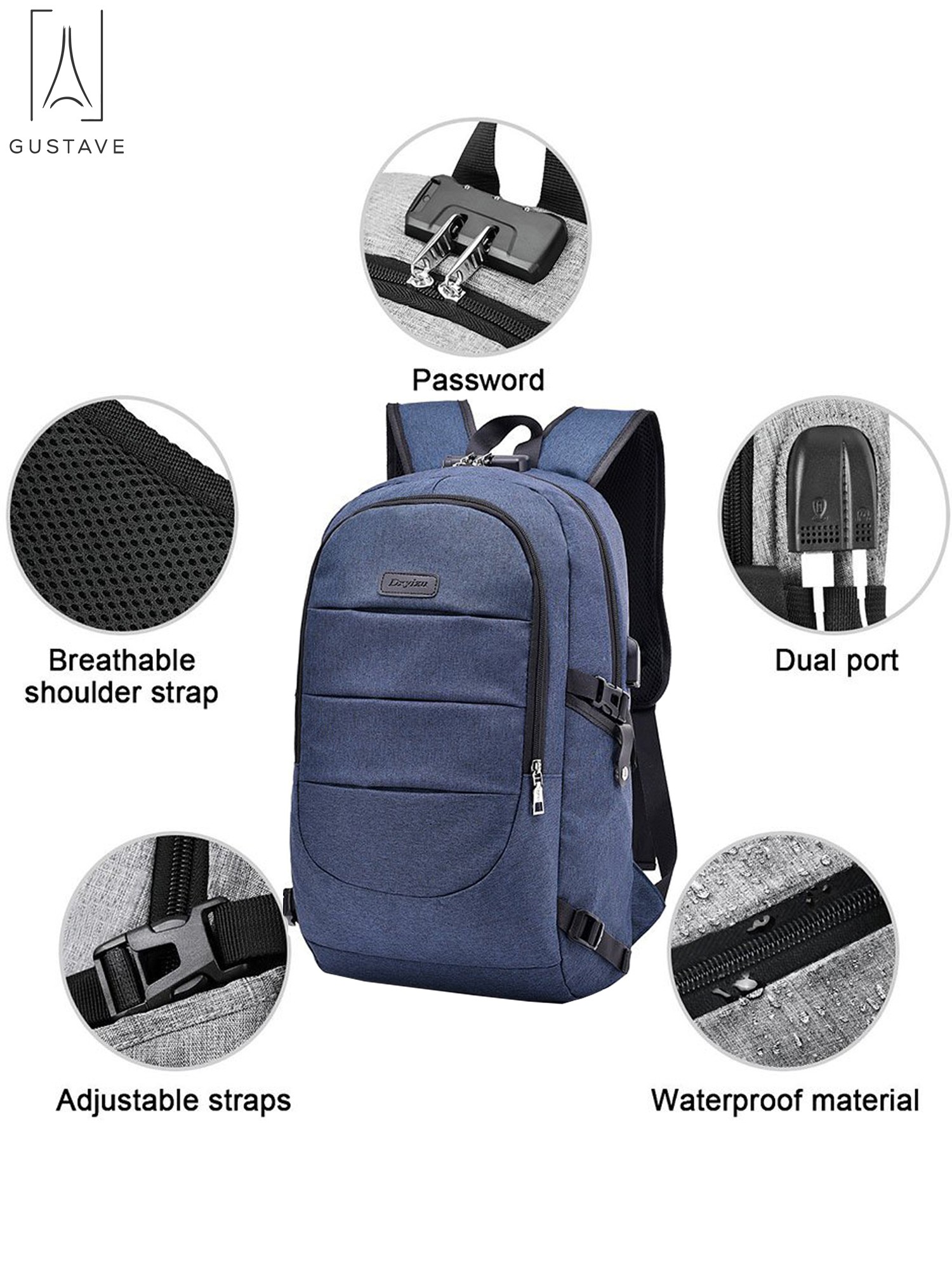 Gustave Laptop Backpack Water Resistant Anti-Theft College Backpack with USB Charging Port and Lock 17Inch Compurter Backpacks for Women Men, Casual Hiking Travel Daypack "Blue" - image 4 of 9