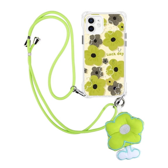 Soft TPU Designed Case for iPhone 13 Pro Max 6.7", Crossbody Adjustable Hanging Rope Shockproof Cover Case with Flower Decoration for Women & Girls, Green