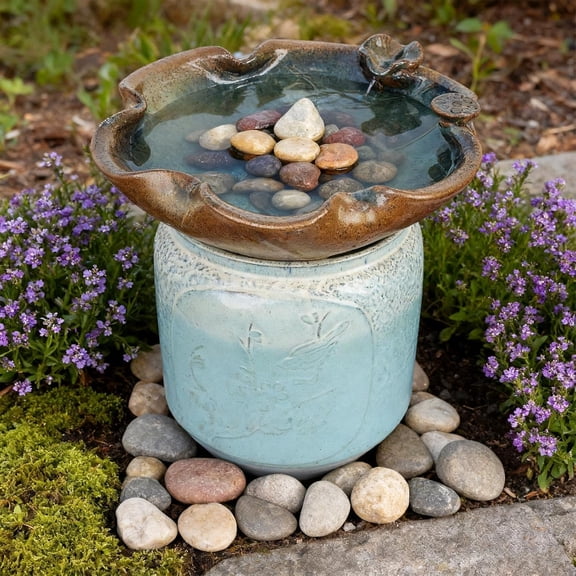 Ceramic Bird Bath and Feeder, Heavy Duty Ground Feeding Bowl, Wildlife Water Station for Squirrel Rabbit Bird Bee - Garden, Yard, Balcony Décor