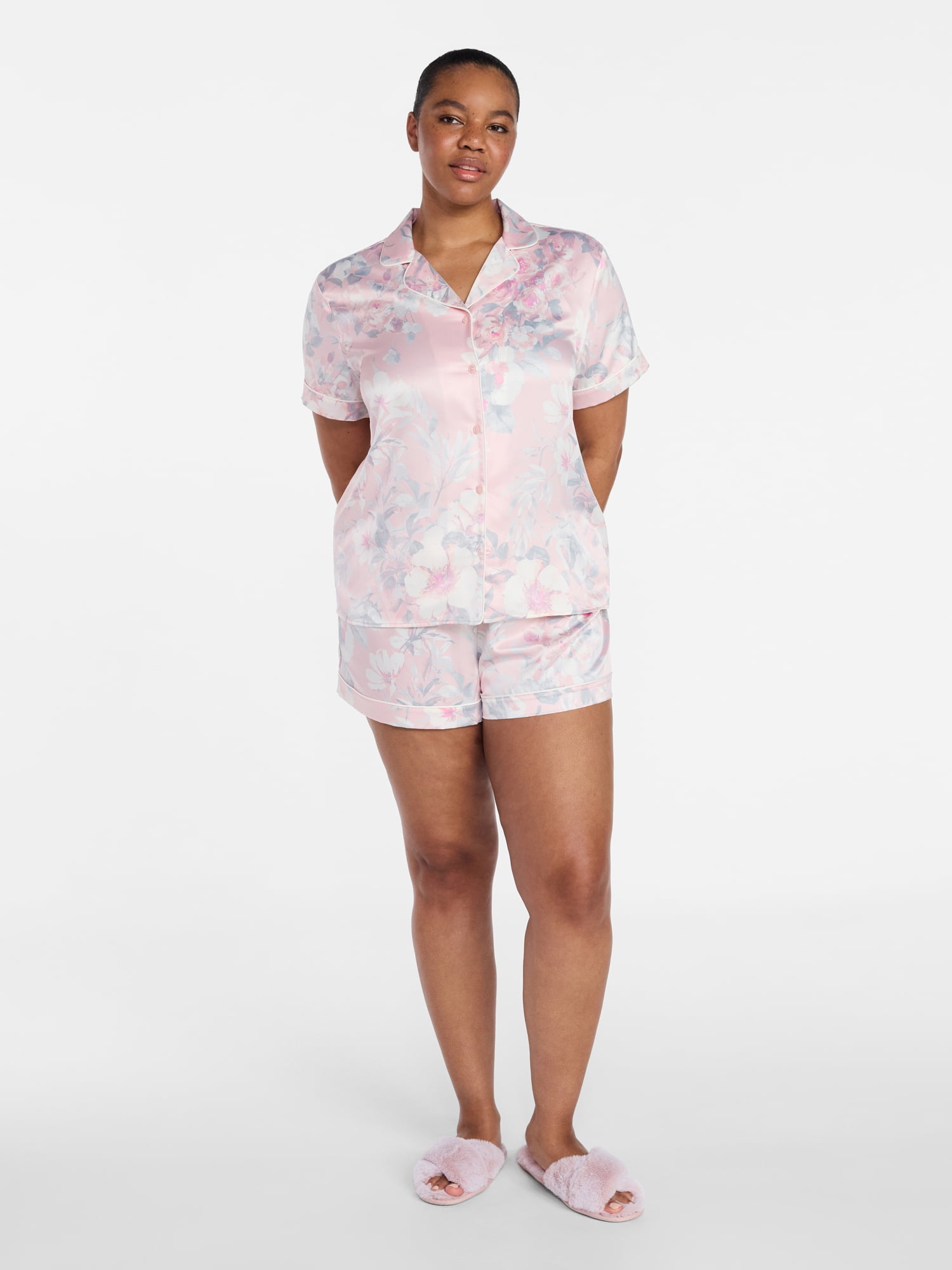 Joyspun Women’s Bridal Satin Short Sleeve Top and Shorts Pajama Set, Sizes XS-3X