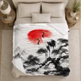 thumbnail image 5 of Red-Crowned Cranes Pine Branch Ink Wash Art, Peaceful Mountain Lake Scene, Warm Flannel Blanket for Cabin and Lodge, Outdoor Lovers Camping Gift, Rustic Home Decor, 5 of 9