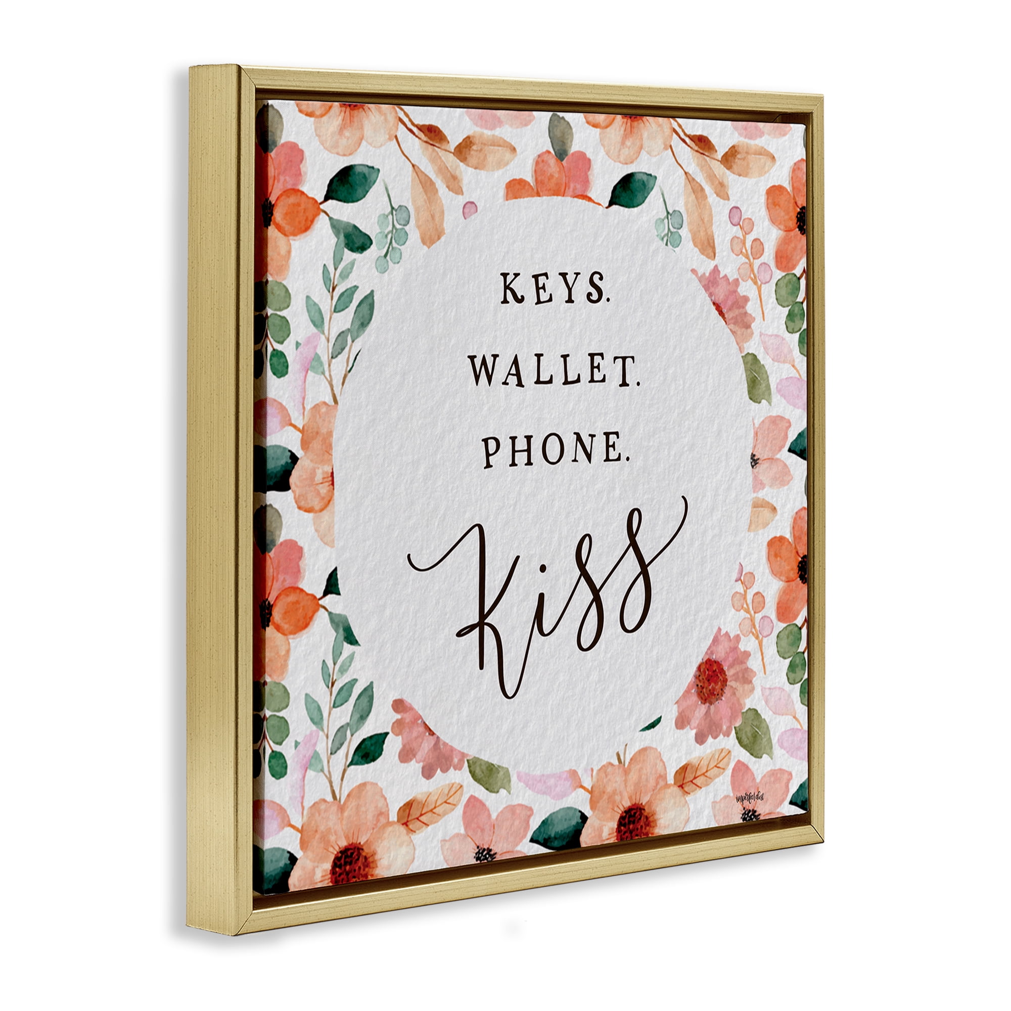 Stupell Industries Keys Wallet Phone Kiss Plants & Flowers Painting Gold Floater Framed Canvas Art Print Wall Art, 18 x 18