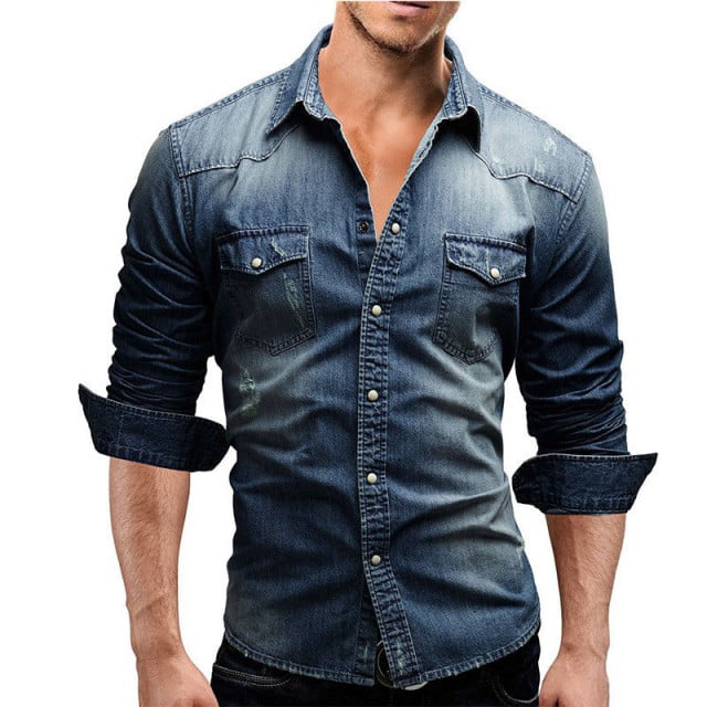 S-Fly Mens Denim Long Sleeve Slim Fit Jean Solid Leisure Button Down Dress Shirts 