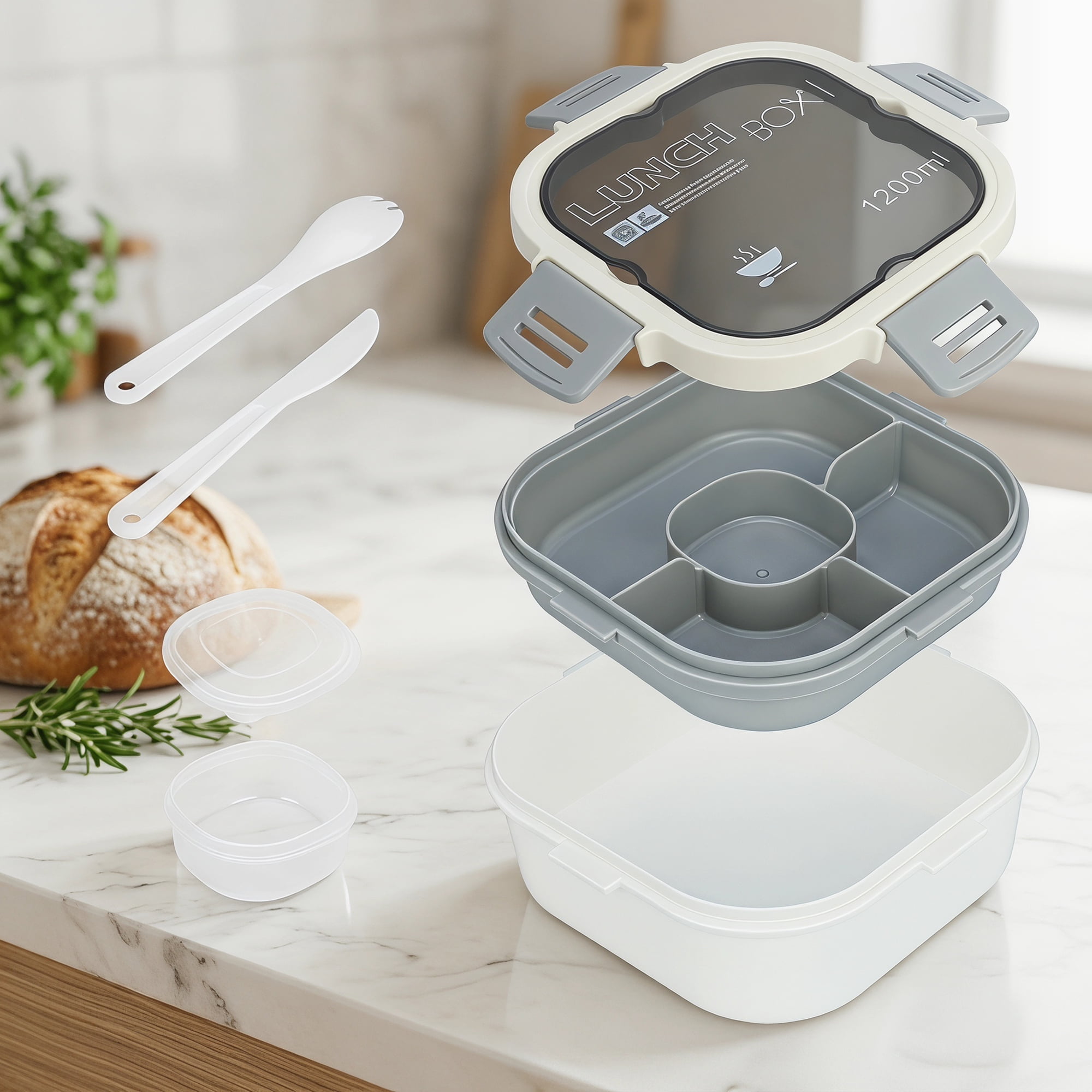 Unique Bargains 1200ml Leak-Proof Meal Prep Lunch Bento Box White-1