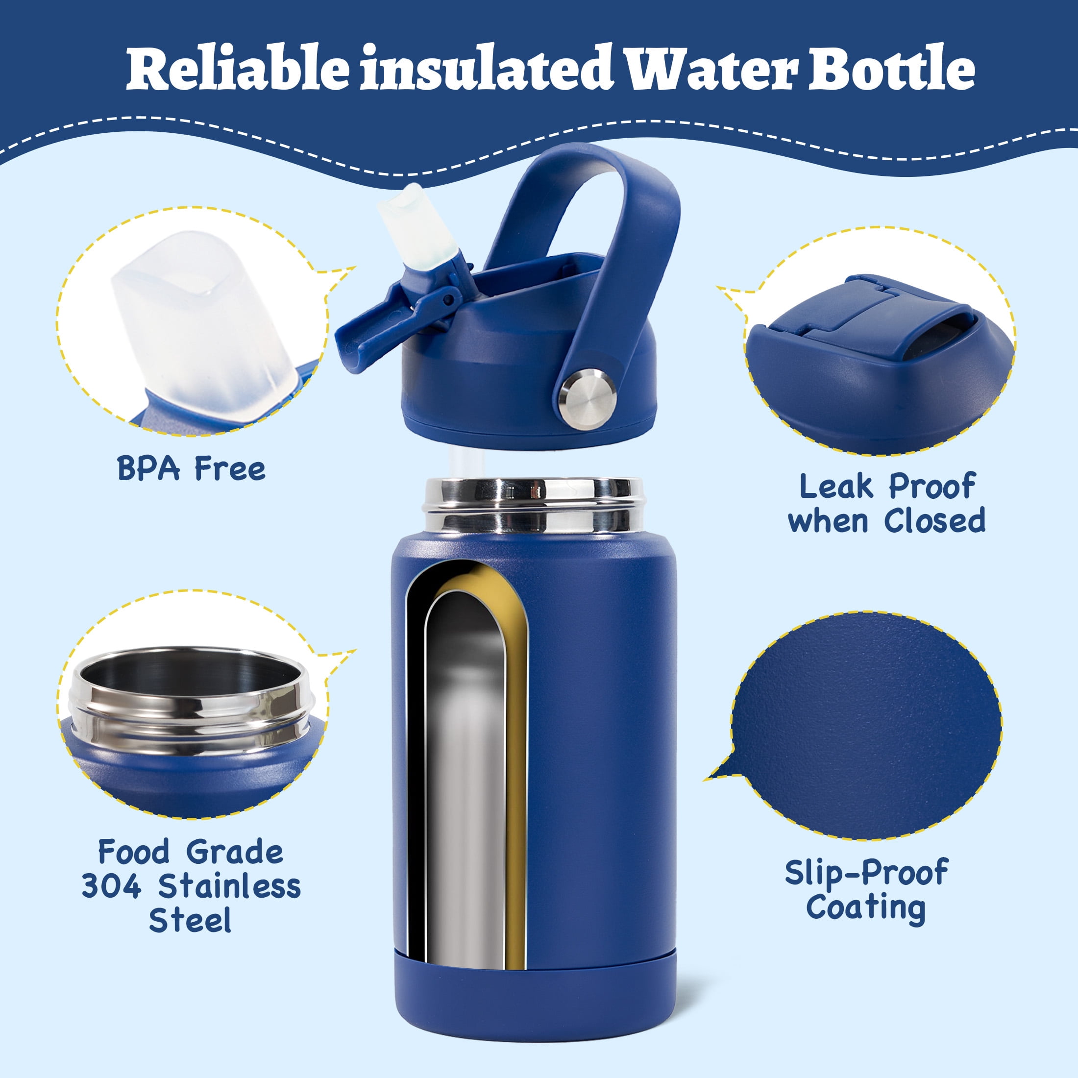 Hawsaiy 12oz Kids Stainless Steel Insulated Water Bottles, 4-Pack, BPA-Free, with Straw and Handle