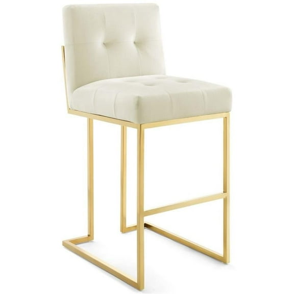 Hawthorne Collections 30" Modern Velvet Tufted Bar Stool in Ivory/Gold
