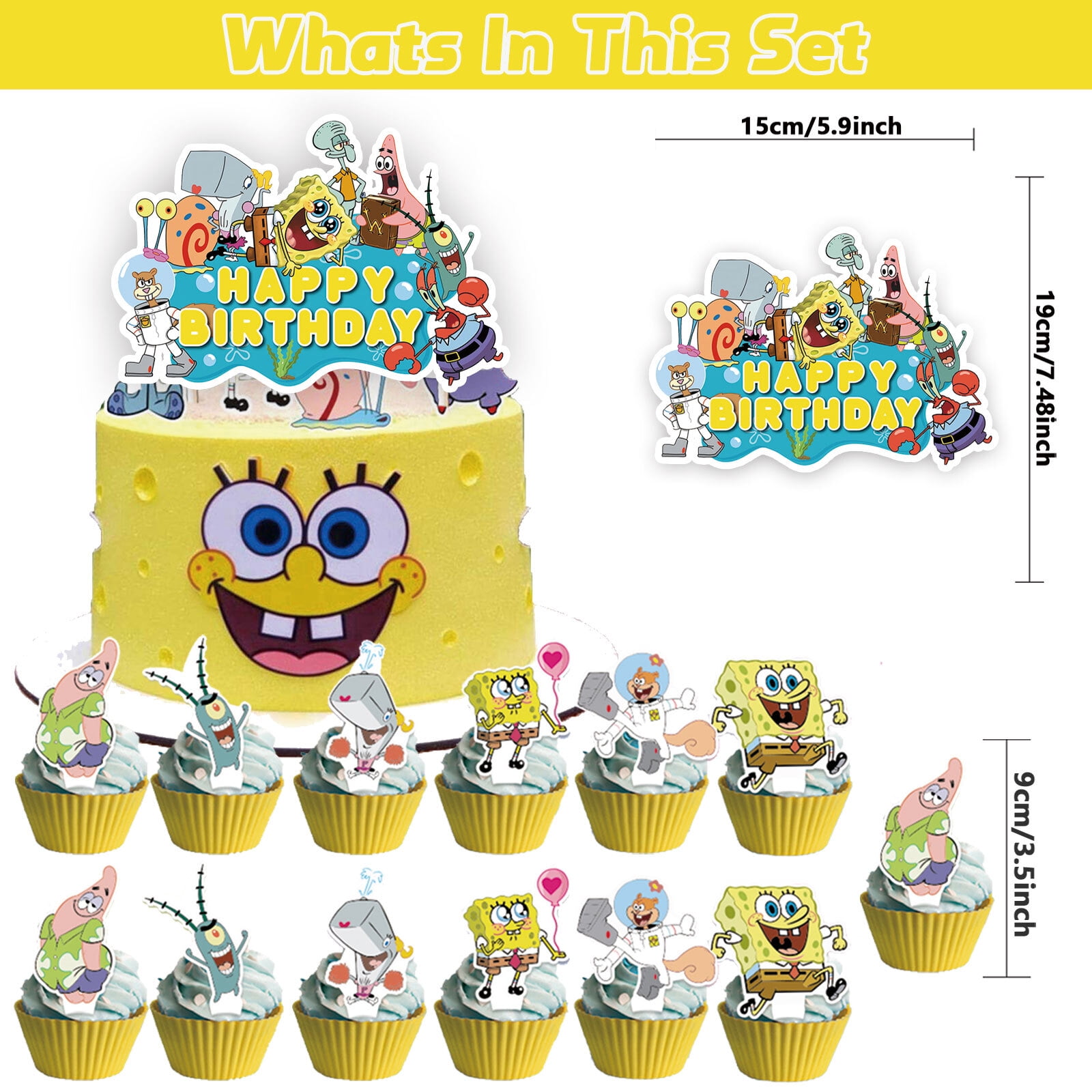 34 PCS For Spongebob Cartoon Theme Party Decorations Set,With 5*3ft Birthday Backdrop Decorations,20 Balloons,13 Cupcake Toppers Balloons,for Boy Girls Party Supplies Set