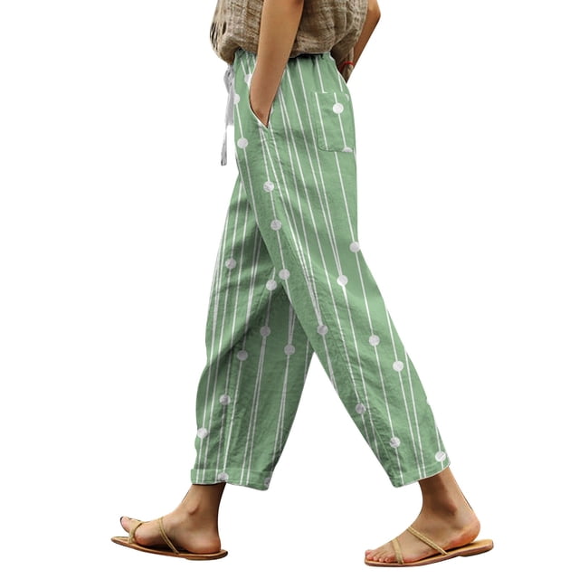 Womens Cargo Pants With Pockets Summer Printed Linen Drawstring Elastic Waist Pants Lightweight With Pockets Plus Size Pants For Women Green XXXL