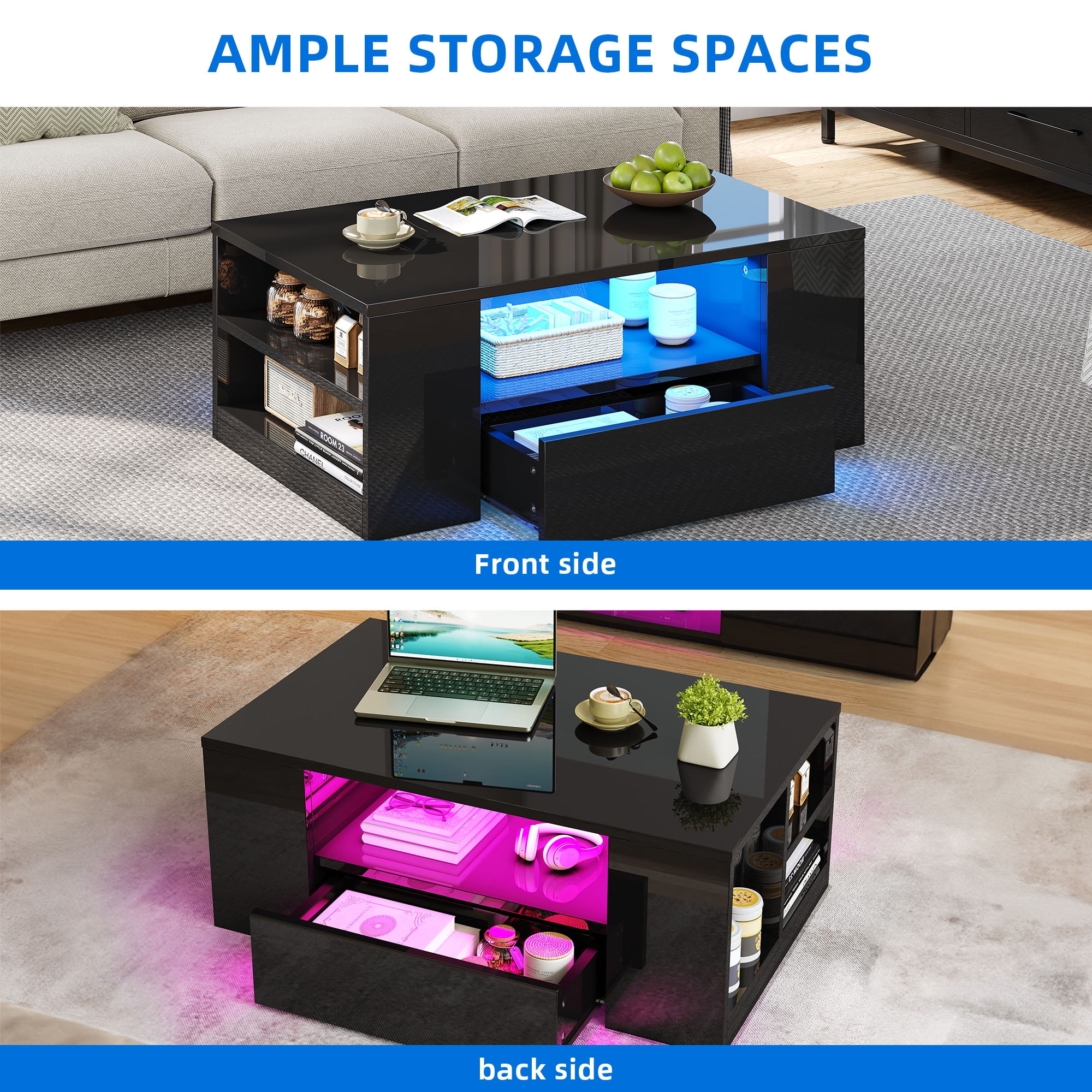 Uforic LED Coffee Tables High Glossy Center Table with 2 Sliding Drawers and Open Shelf, Black