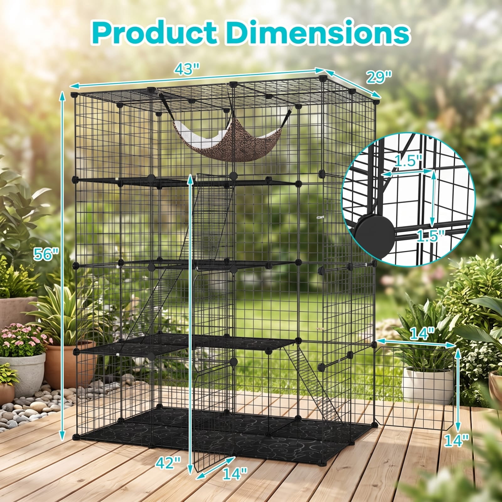 Vebreda Large 4-Tier Cat Cage with Skylight and Hammock for 1-4 Cats, Metal Wire Pet Playpen with Ladders, Lockable Doors and Anti-Tip Kit, Black