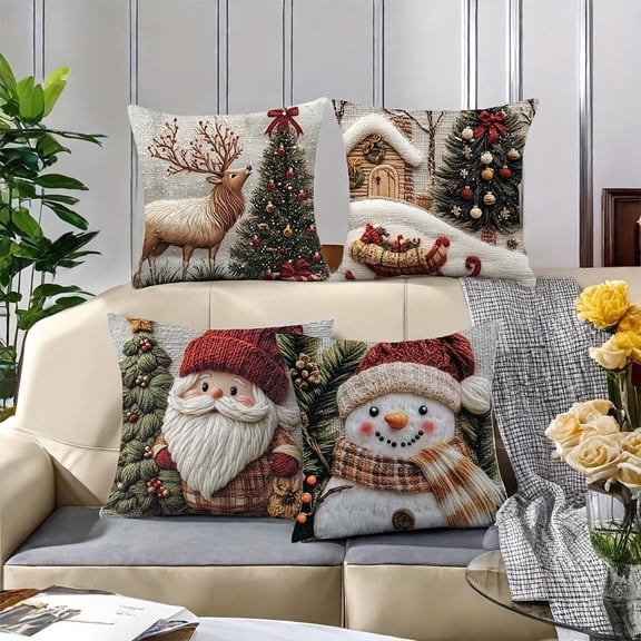 Christmas Themed Print Throw Pillow Covers,Washable Linen Pillow Covers,Christmas Reindeer Pattern Pillow Covers,Removable Santa Cushion Protector,for Chair, Sofa,Bedroom Outdoor Workplace
