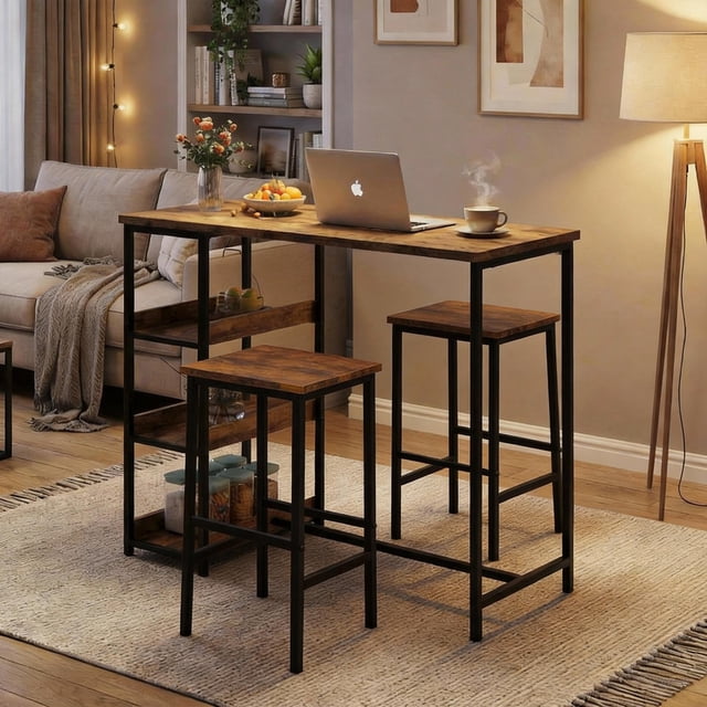 EDTara 3-Piece 36" Bar Table Set, Counter Height Dining Table With Shelves and Stools for Studio or Small Kitchen