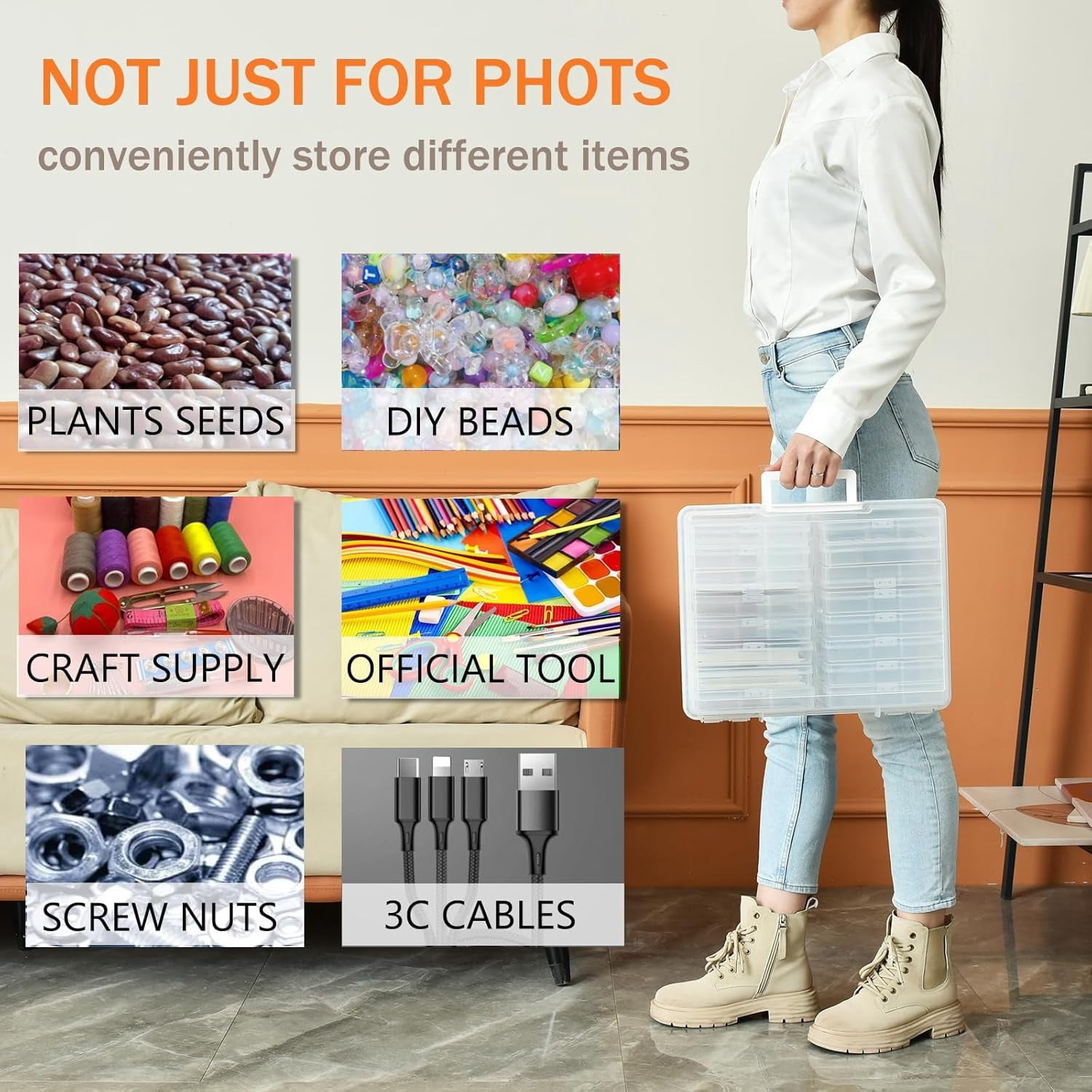 Photo Storage Box with Handle, 4" x 6" Photo Organizer Storage Container with 16 Inner Case and 1 Sheet Blank Labels for Pictures, Arts, Crafts, Sewing, Seeds, Office Supplies - Clear