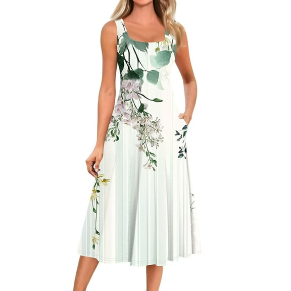 bbyeadc Summer Midi Dresses for Women 2025 Boho Sleeveless Round Neck Mid Length Dresses with Side Pocket Casual Loose Fit A Line Dress Beach Floral Print Sundresses, Army Green XL