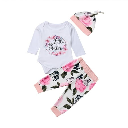 

Baby Girls Cute Long Sleeve Letter Print Romper + Floral Pants + Hat