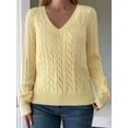 thumbnail image 5 of Women Long Sleeve Cable Knit Sweater Fashion V Neck Fitted Pullover Top Business Casual Fall Outfits Yellow L, 5 of 9
