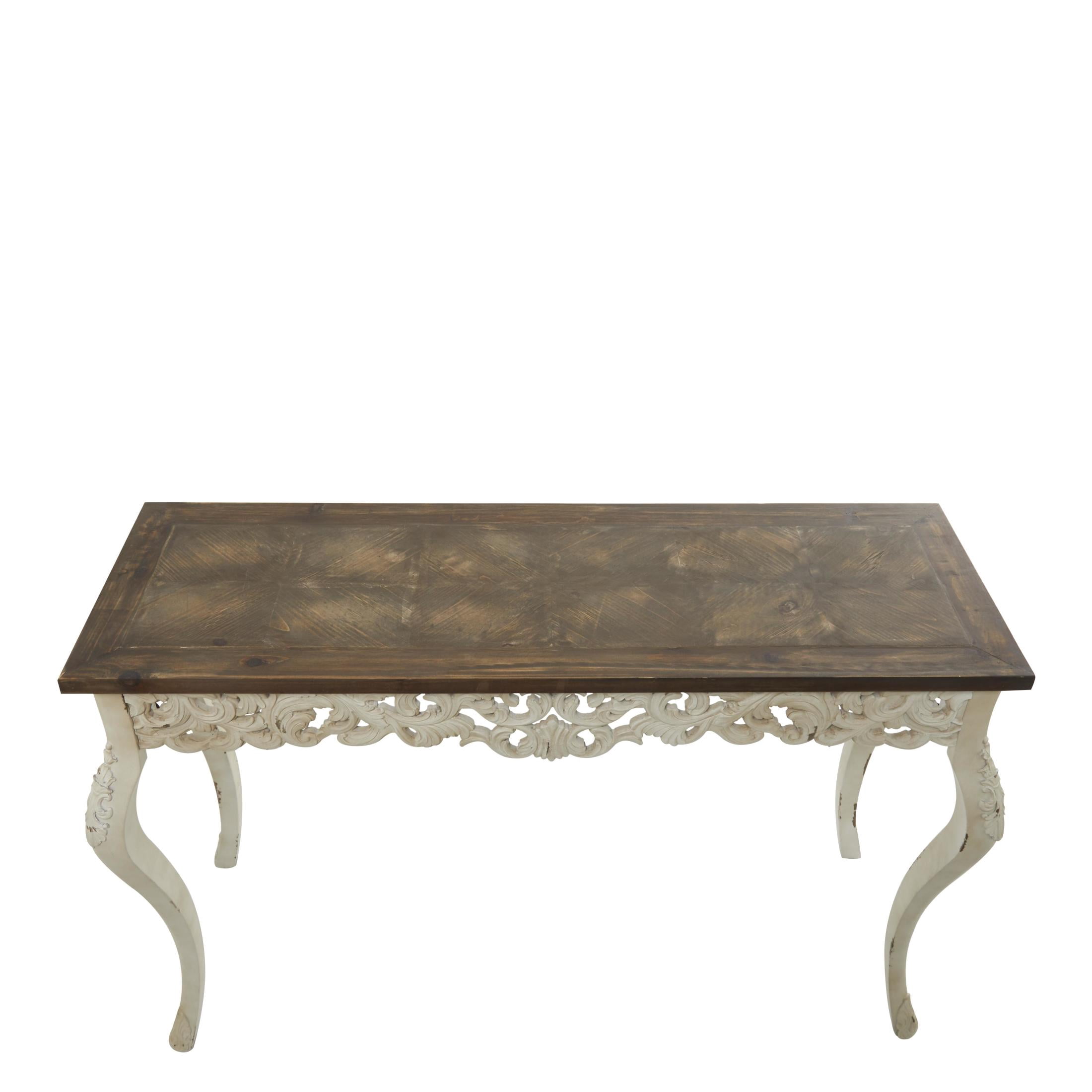 DecMode 46" x 30" White Wood Intricately Carved Scroll Console Table with Brown Wood Top, 1-Piece