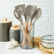 7-Piece Silicone and Bamboo Kitchen Utensils Set with Holder for Cooking, Virtually Non-Stick, with Ladle, Slotted Turner, Slotted Spoon, Serving Spoon, Pasta Server, Spatula, Scratch-Resistant