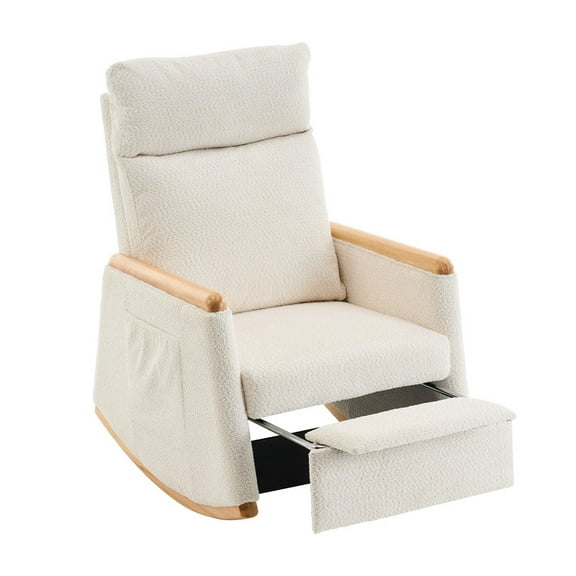 EBQOSK Accent Rocking Chair with Footrest High Back Rubber Wood Rocking Legs Bedroom Living Space Beige