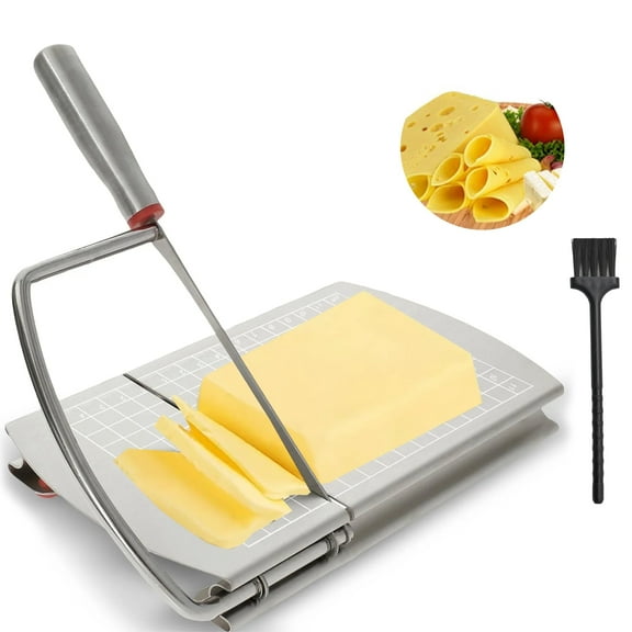 Remiawy Cheese Slicer, Multipurpose Stainless Steel Cheese Cutter for Block Cheese, Kitchen Cheese Slicer Board with Blade and Measuring Grids for Butter Sausages Ham Jerky Bread Slicer, Silver