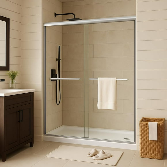 Double Sliding Glass Shower Door 44-48 Inch x 72 Inch, 6mm Clear Tempered Glass, Semi-Frameless Matte Black Glass Shower Door for Walk-in Bathroom Showers
