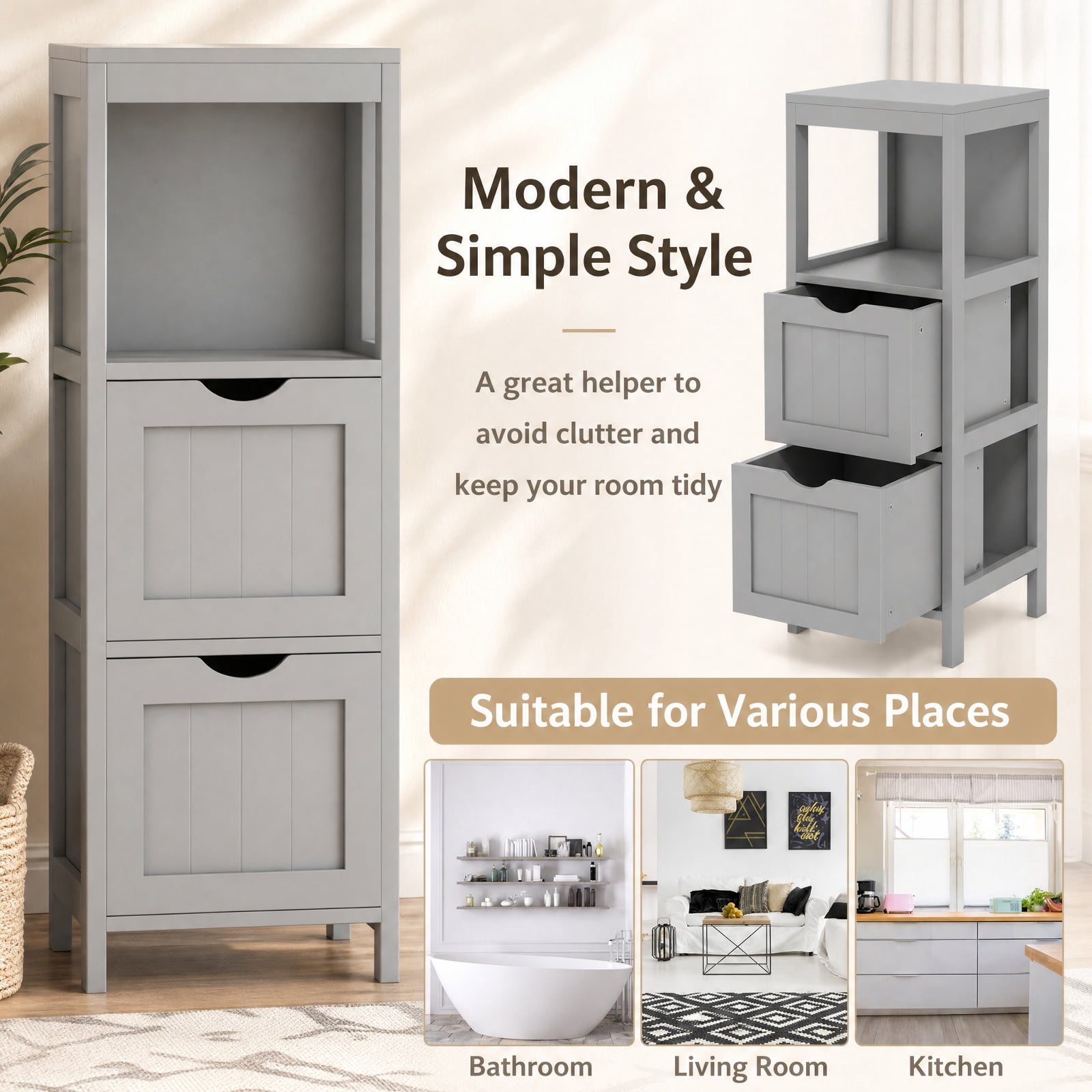 Vebreda Freestanding Bathroom Storage Cabinet, Freestanding Storage Cabinet with 2 Removable Drawers for Bathroom, Extra Anti-Toppling Mechanism