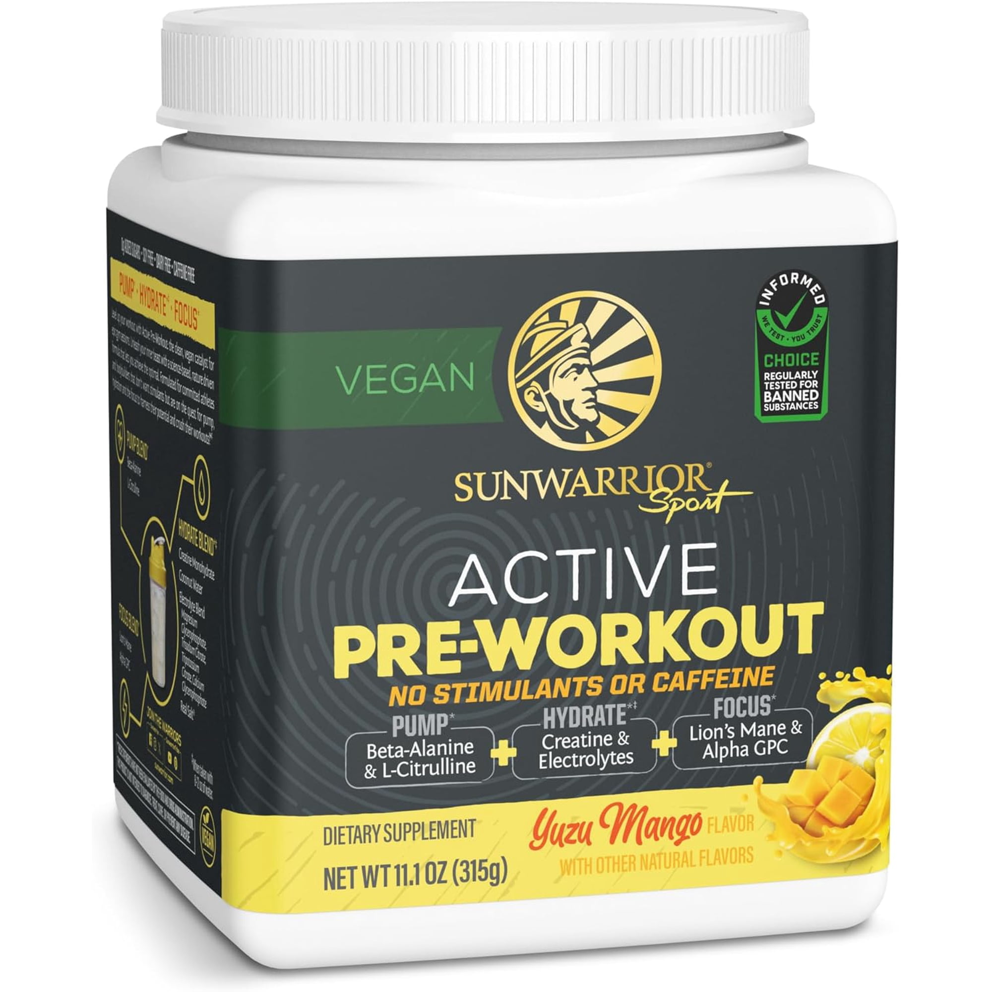 Sunwarrior Active Pre-Workout Powder for Men, Caffeine-Free, Yuzu Mango, 11.1 oz (30 Servings)