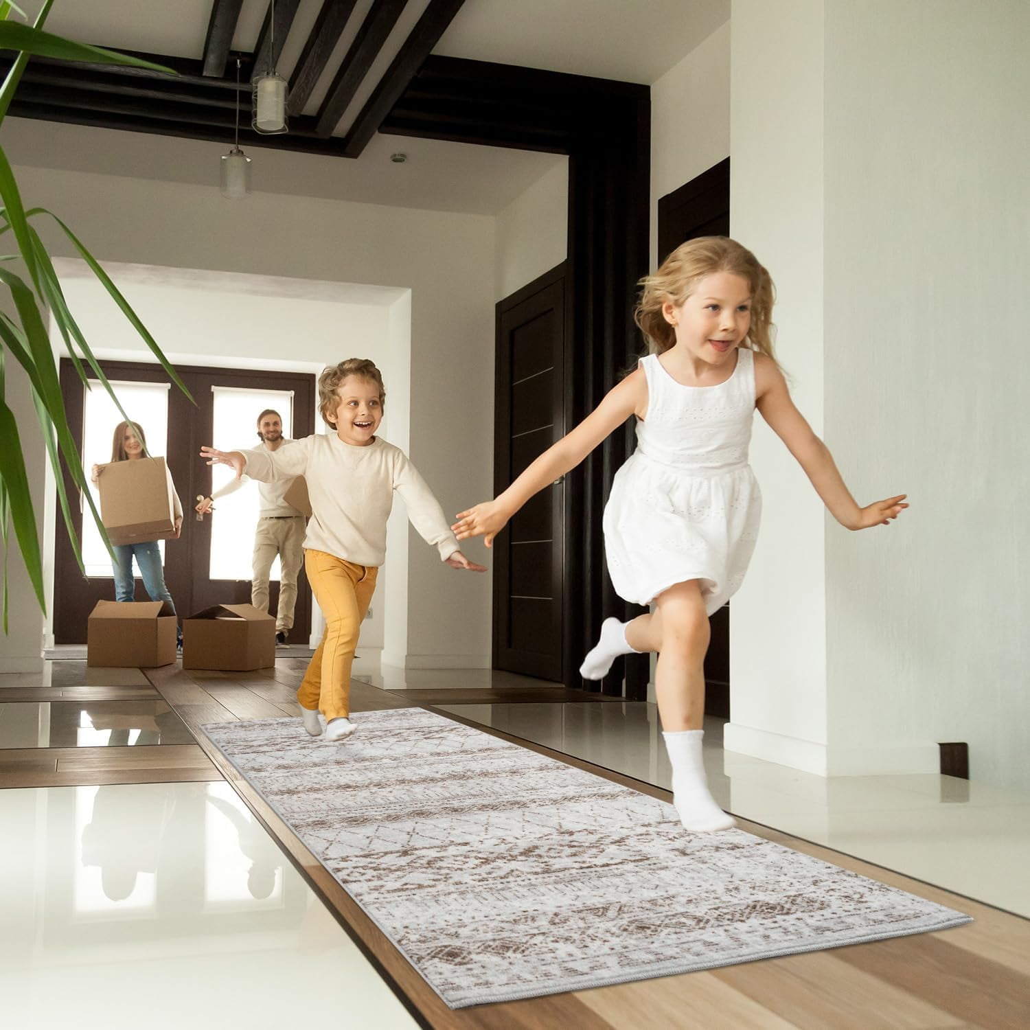 SIXHOME 2'x8' Runner Rugs for Hallway Washable Boho Soft Neutral Geometric Distressed Moroccan Rug Runner for Entryway Kitchen Laundry Room Bedroom Non Slip Rubber Backing Brown