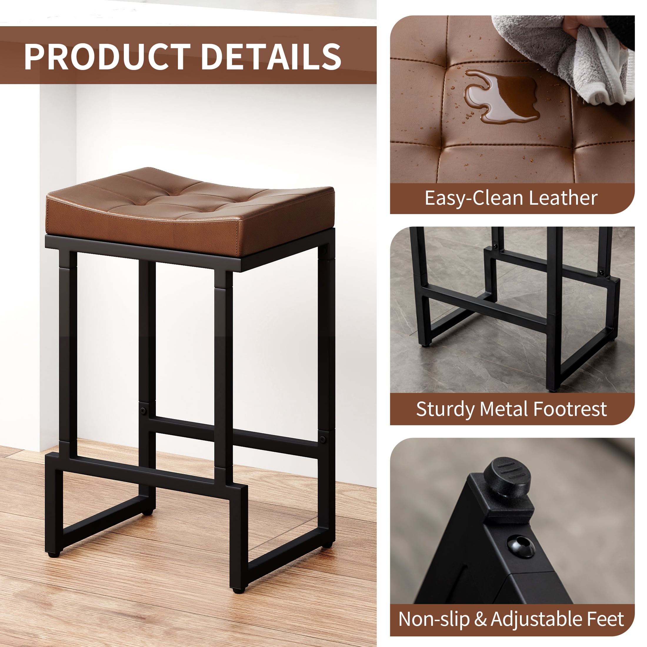 FIRAVOE Bar Stools Set of 4, 24" Counter Height Bar Stools (Backless Saddle) Modern Faux Leather Brown Barstools for Kitchen Island