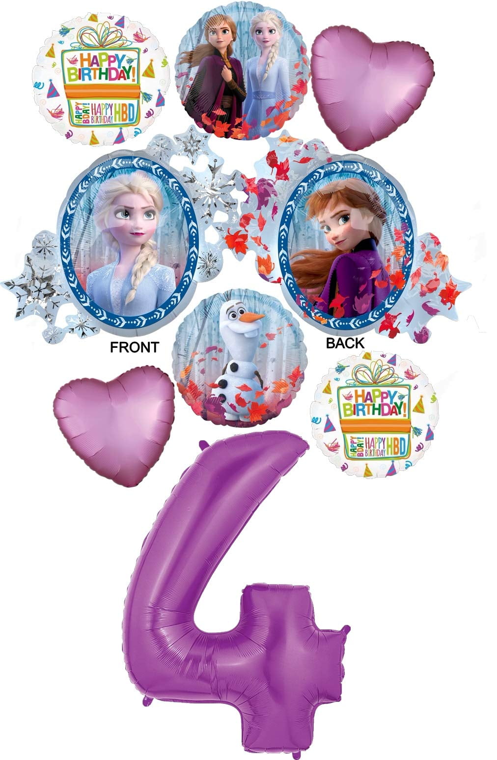 Frozen 2 Party Supplies 4th Birthday Elsa, Anna and Olaf Balloon Bouquet Decorations - Purple Number 4